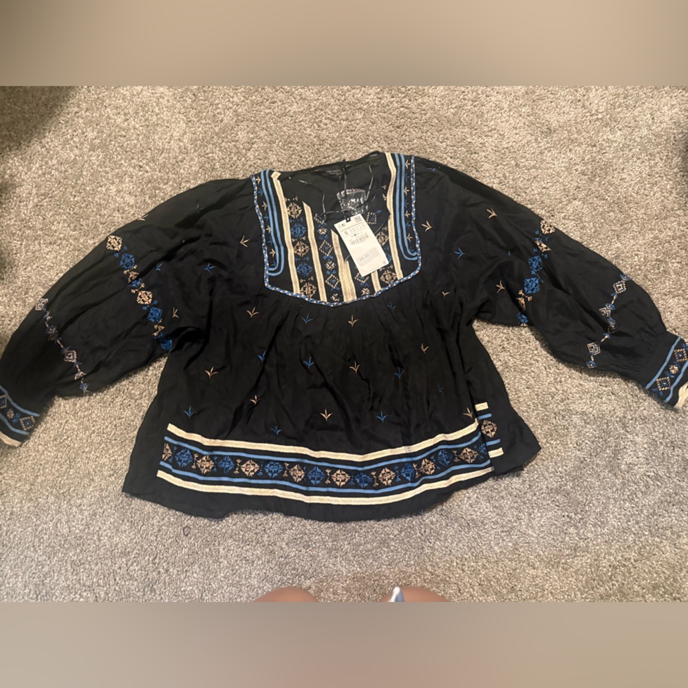 Zara Black Top with Blue and Tan Embroidery